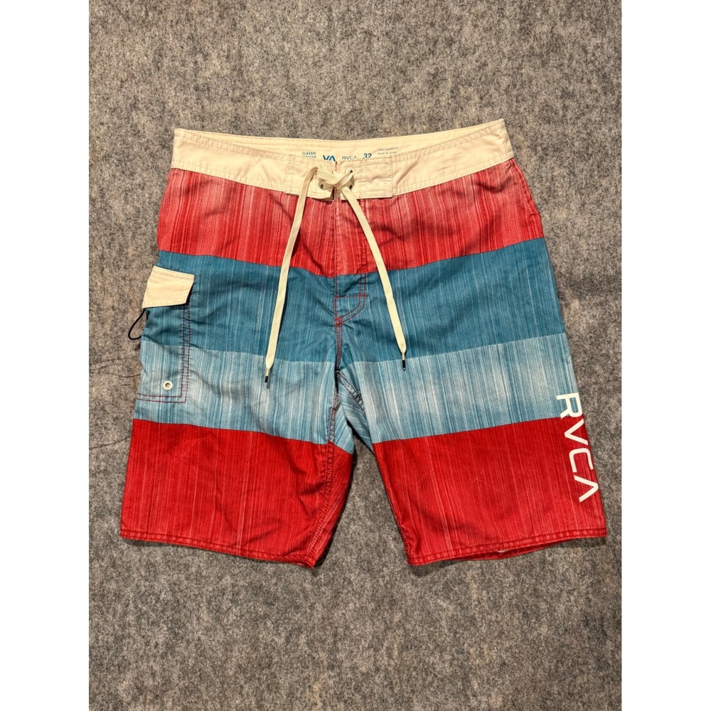 RVCA Men's 32 Board Shorts Red Blue White Striped Classic Non-Stretc Swim Trunks